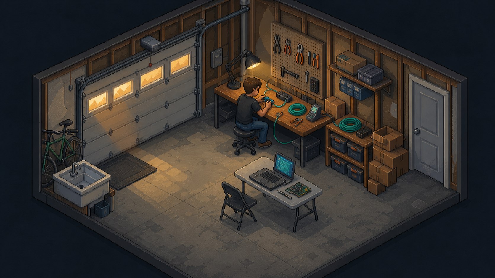 Isometric pixel-art residential garage converted into a one-person MSP workshop
